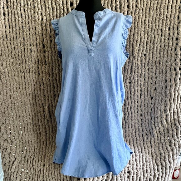 Light Blue Ruffle Sleeve Chambray Tunic Dress Size medium (approximate) - Picture 1 of 8